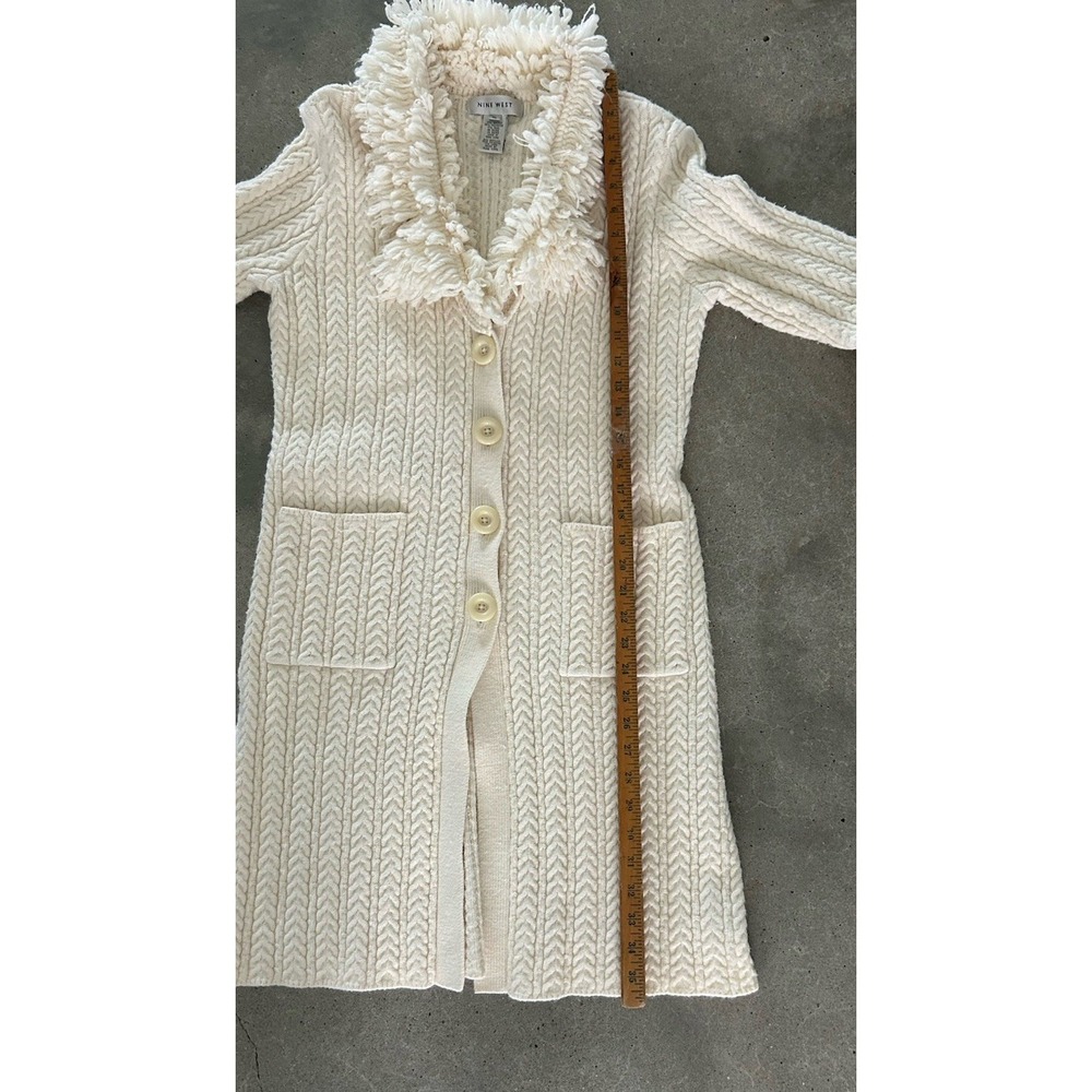 Nine West Y2K Cableknit Cardigan Duster Women XL Button Fringe Pocket Penny Lane - Picture 7 of 9